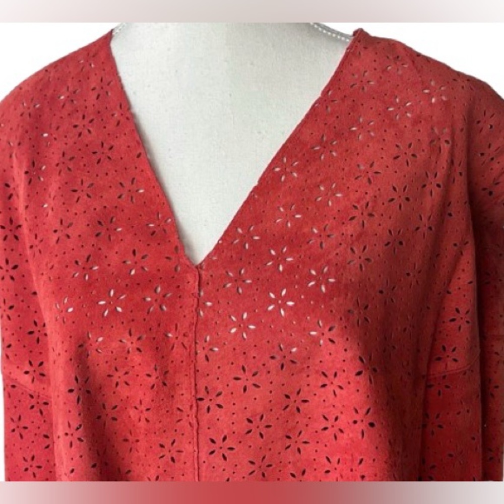 Vintage Suede Fringe Cape Orange Coral Cut Out Leather Shawl Jacket Boho Retro - Picture 3 of 12